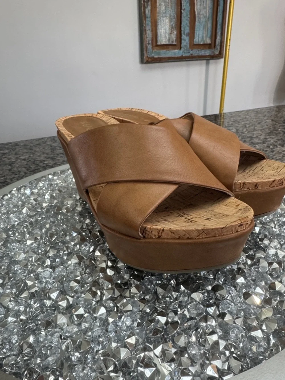 Report Basil deep camel Tan Crisscross Cork Wedge Slides EUC 8